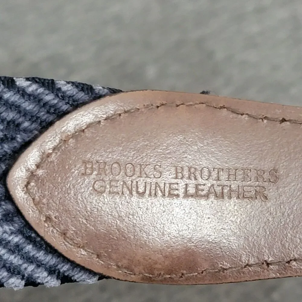 Brooks Brothers Belt Mens L Brown Leather Blue Preppy Woven Stretch Brass Buckle